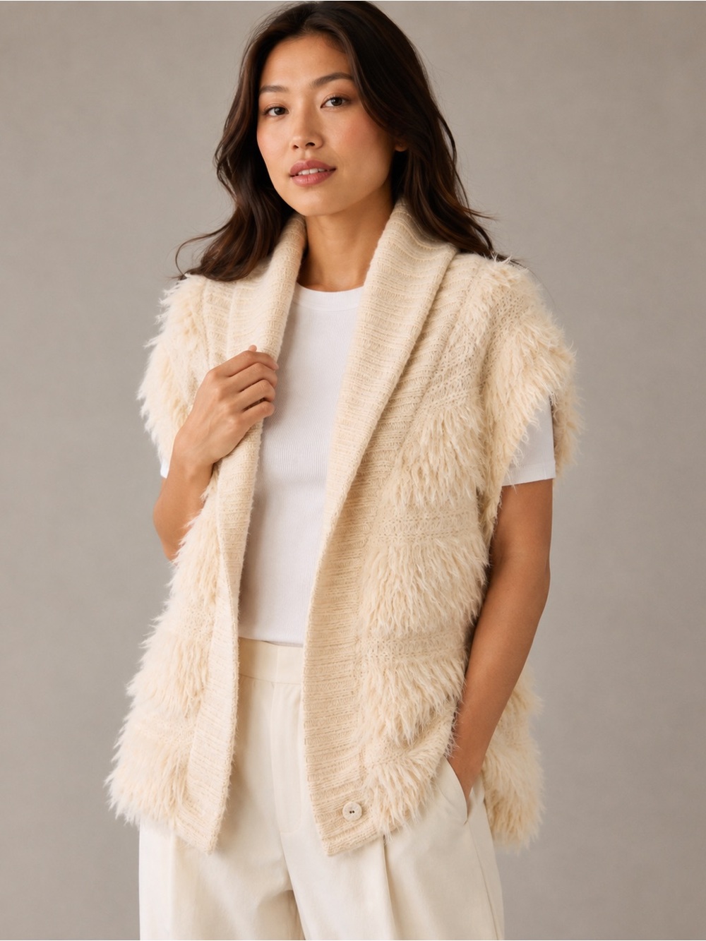 Anthropologie Shaggy Fringe Knit Cardigan Vest Cream Wool Blend XS/S